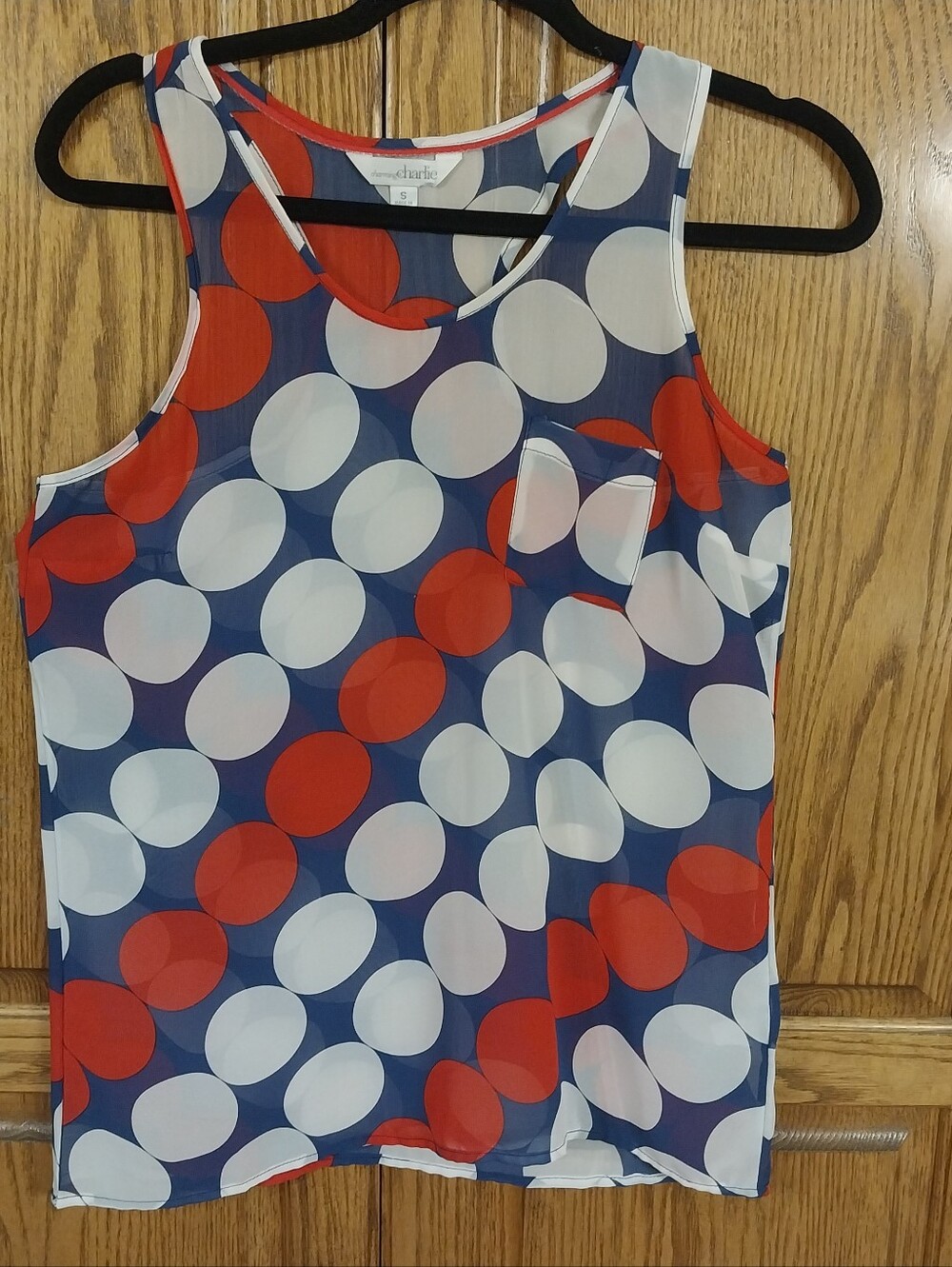 Charming Charlie NWOT Women's Sz Small Chiffon Red White Blue Polka Dot Blouse